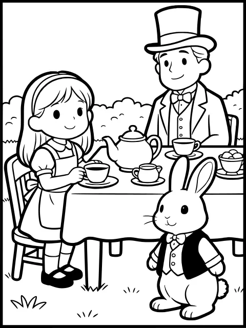 Alice at the tea party colouring page