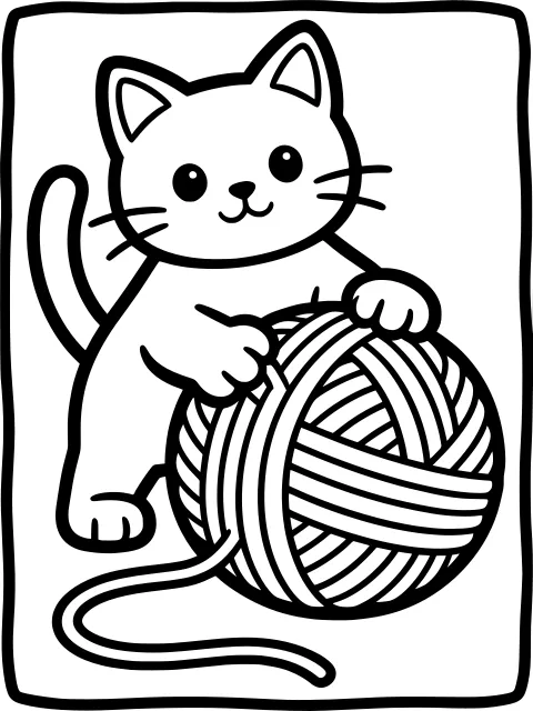 Cat with a ball of wool colouring page