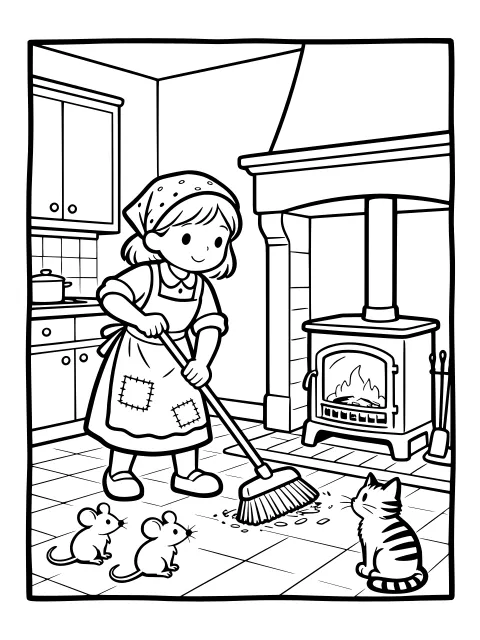 Cinderella by the fireplace colouring page