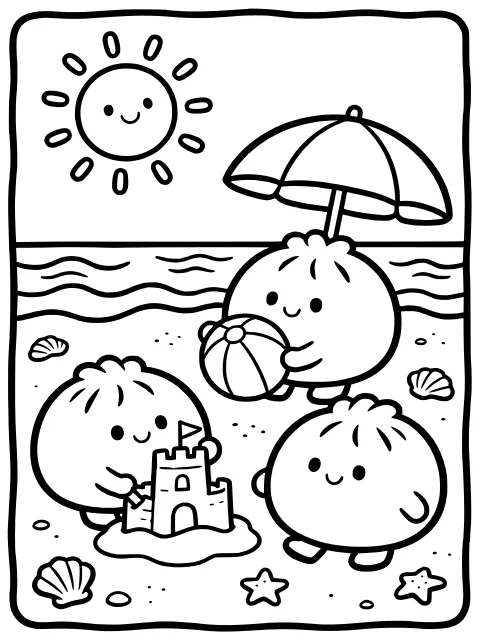 Dumplings at the beach colouring page