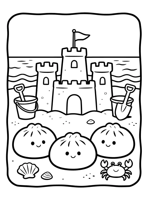 Dumplings building a sandcastle colouring page