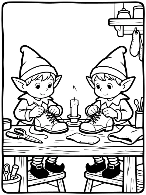 The elves sew shoes at night colouring page