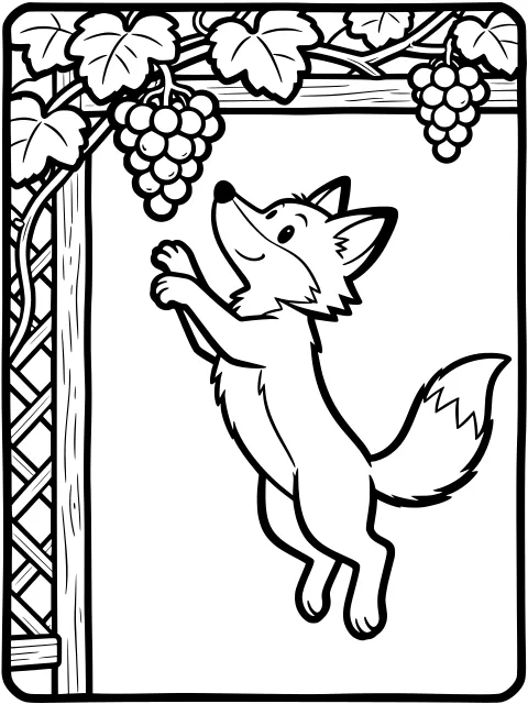 The fox jumps for the grapes colouring page