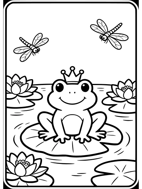 The frog prince on his lily pad colouring page