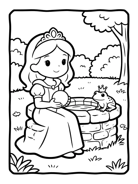 The princess and the frog at the well colouring page