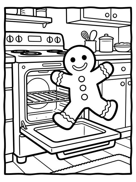 The gingerbread man jumps out colouring page