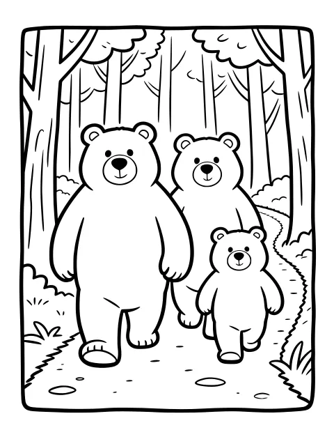 The three bears go for a walk colouring page