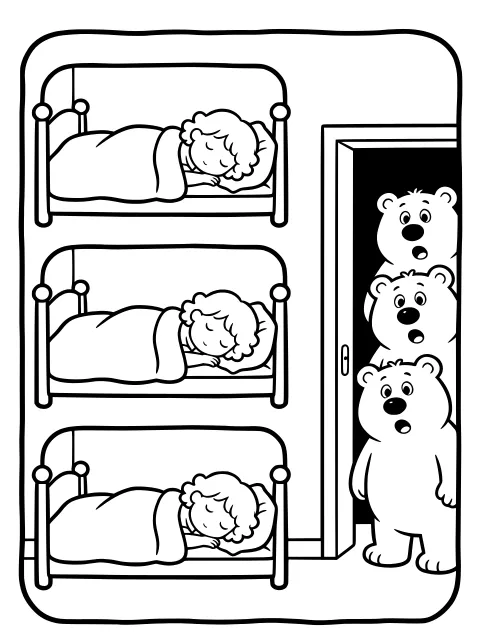 Goldilocks in the little bed colouring page