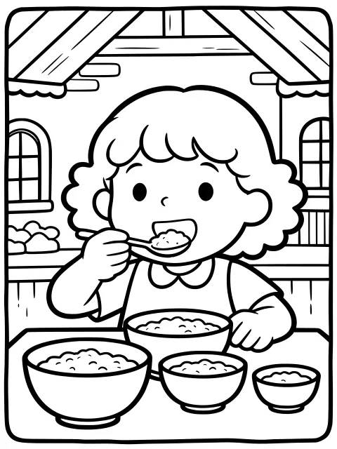 Goldilocks tastes the porridge colouring page