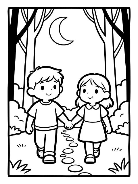 Hansel and Gretel follow the pebbles colouring page