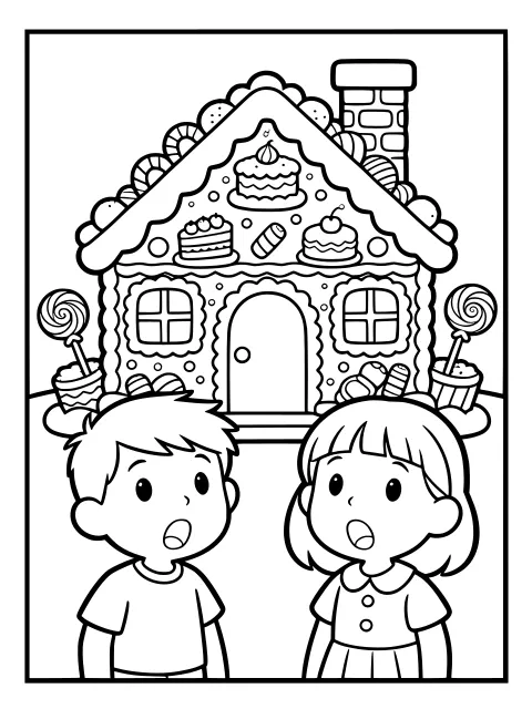 Hansel and Gretel find the sweet house colouring page