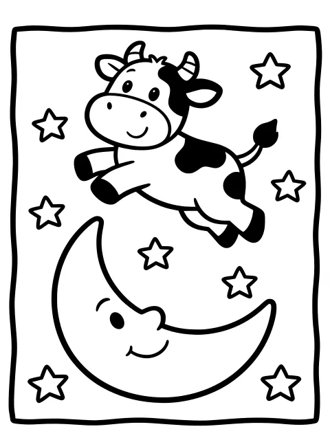 The cow jumped over the moon colouring page