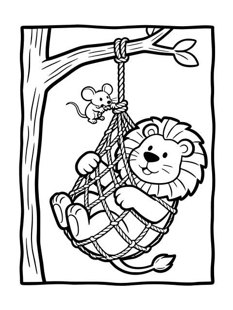 The mouse saves the lion colouring page
