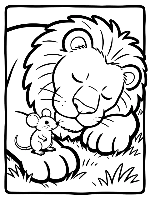 The mouse and the sleeping lion colouring page