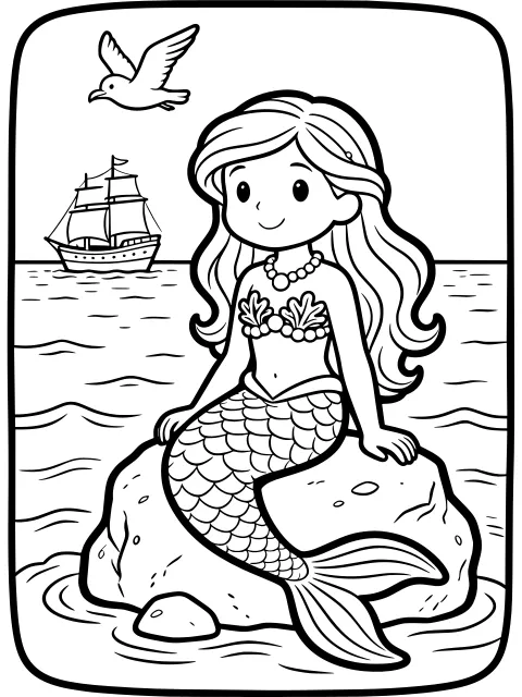 The little mermaid on her rock colouring page