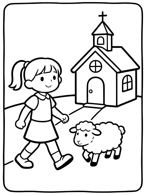 Mary's lamb follows her to school colouring page