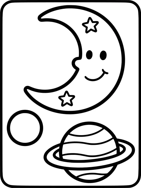 Moon and planets colouring page