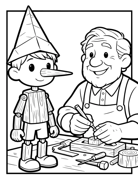 Pinocchio in the workshop colouring page