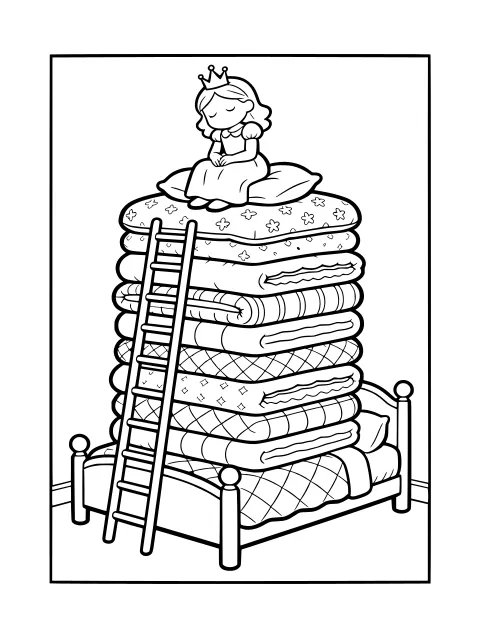 The princess on the mattresses colouring page
