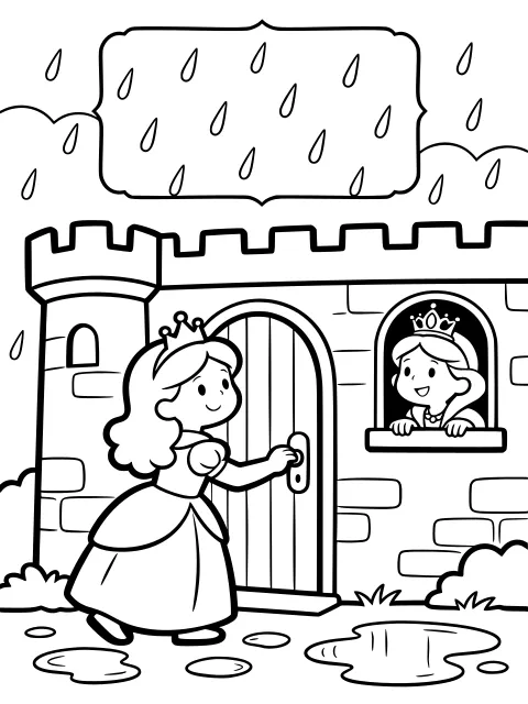A princess at the door colouring page