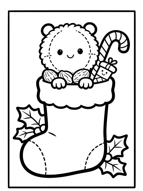 Nibbles the Puffball in a stocking colouring page