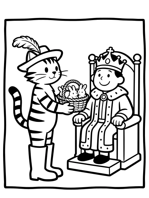 Puss in Boots meets the king colouring page