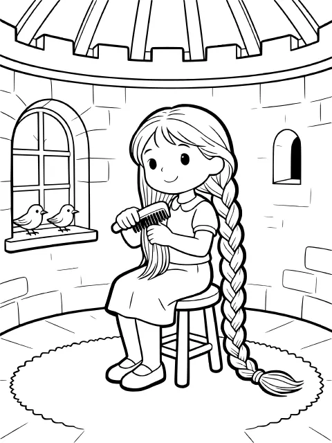 Rapunzel brushing her hair colouring page