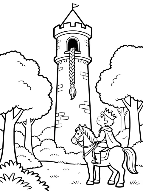 The prince finds Rapunzel's tower colouring page