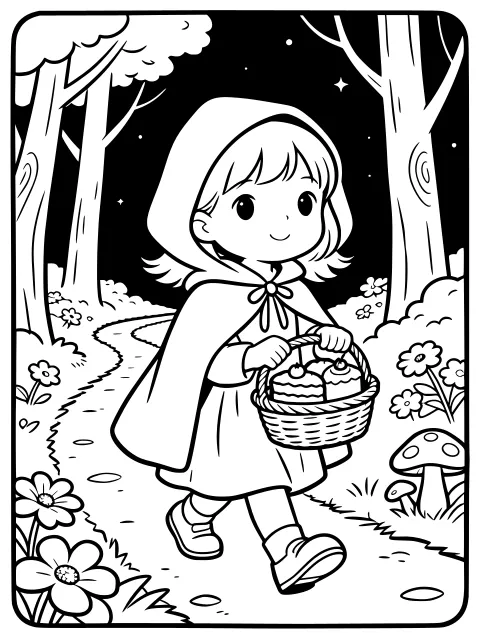 Little Red Riding Hood on the forest path colouring page