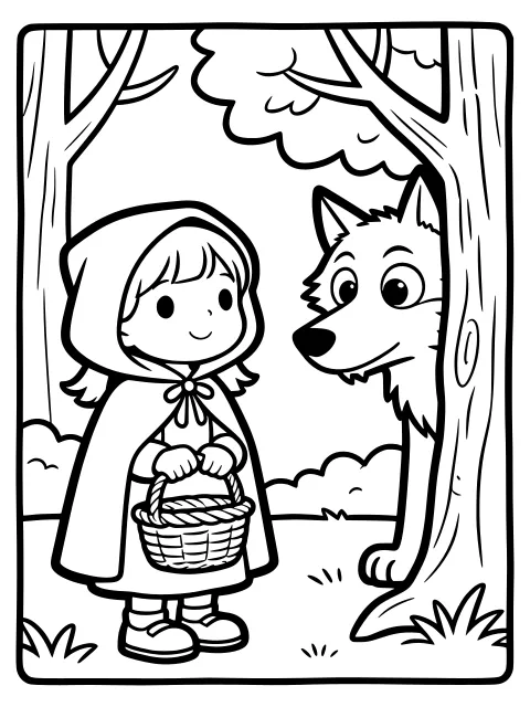 Little Red Riding Hood meets the wolf colouring page