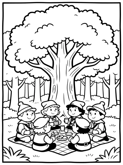 The merry men's picnic colouring page