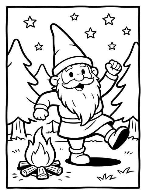 Rumpelstiltskin dances by the fire colouring page