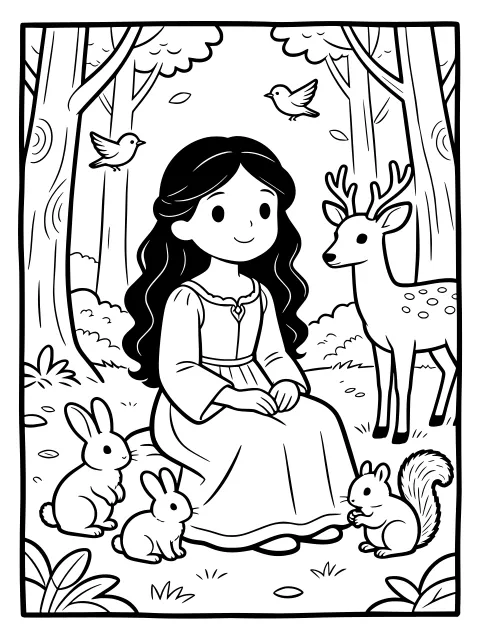 Snow White and the forest animals colouring page