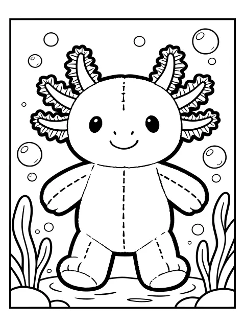 Squishy axolotl in a pond colouring page