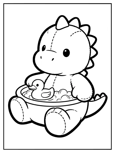 Squishy dino in the bath colouring page