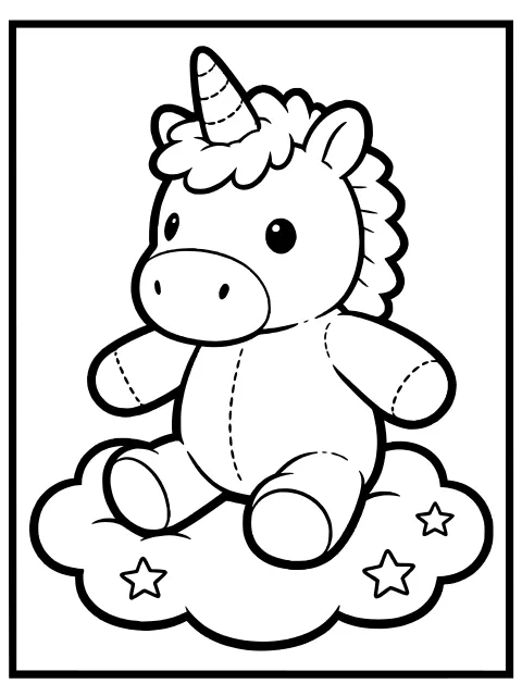 Squishy unicorn on a cloud colouring page