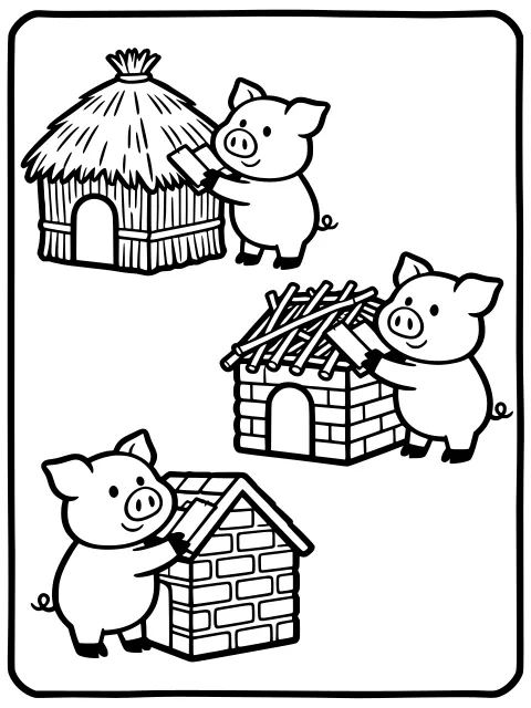 The three little pigs build their houses colouring page