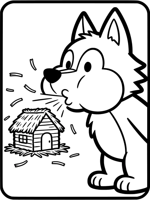 The wolf huffs and puffs colouring page
