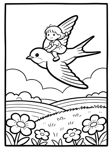 Thumbelina flies with the swallow colouring page