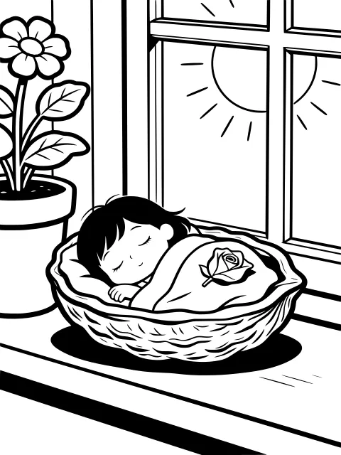 Thumbelina's walnut-shell bed colouring page