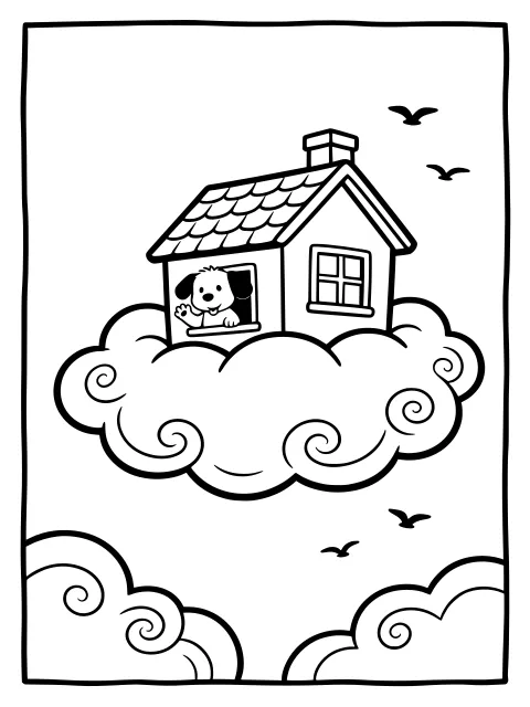 The flying farmhouse colouring page
